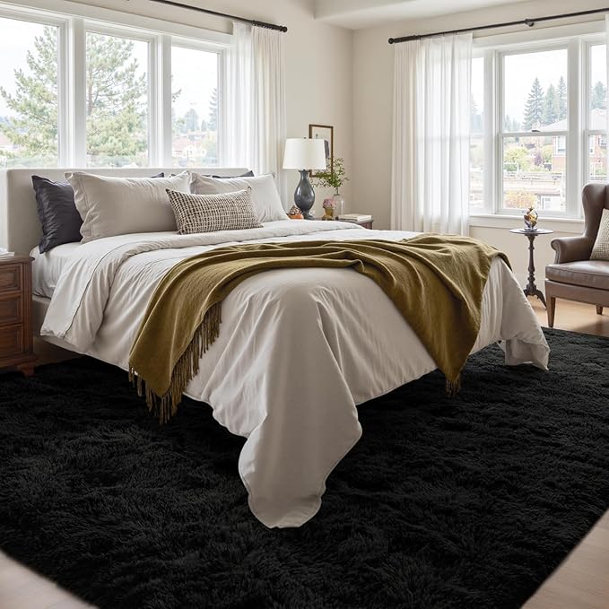 5x7 Ft Shag Black Rug for Bedroom, Tie Dyed Ultra Soft Fluffy Furry Area Rugs for Living Room Indoor Floor, Aesthetic Carpet for Kids Home Decor