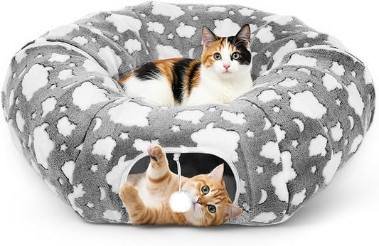 Cat Tunnels for Indoor Cats, 35'' Plush Cat Tunnel Bed with Playful Ball and Circle Cushion, Multifunctional Peekaboo Cat Cave, Interactive Toy Gift for Cats, Kittens, Rabbits, Gray&Cloud