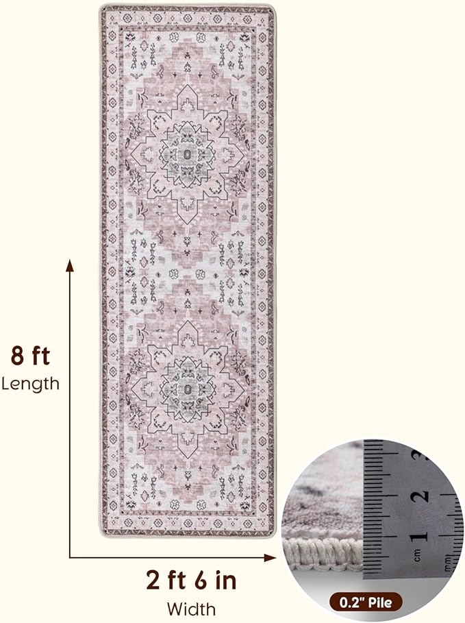 LBRO2M Boho Washable Runner Rug 2'6“X8’ Pink Washable Hallway Runner Rugs Non Slip Low Piles Rugs, Soft, Area Rug Runners for Hallways, Bedroom, Kitchen Laundry Room (2'6"X8', Pink)