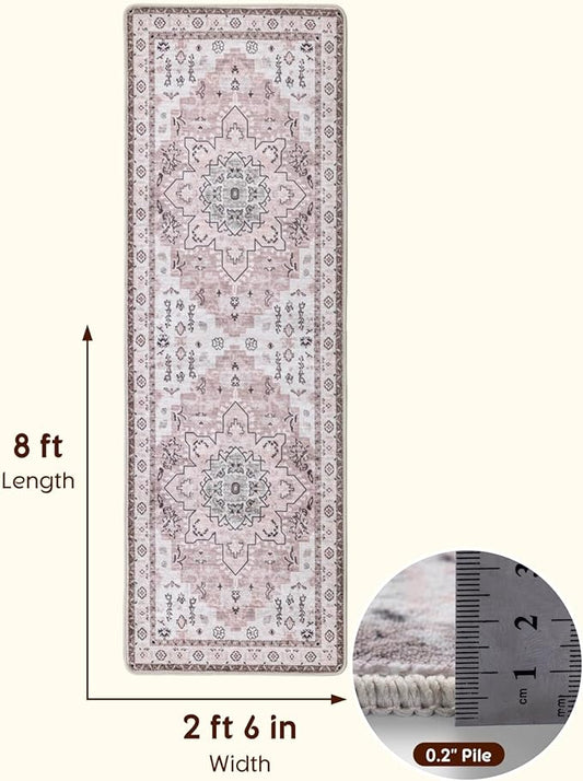 LBRO2M Boho Washable Runner Rug 2'6“X8’ Pink Washable Hallway Runner Rugs Non Slip Low Piles Rugs, Soft, Area Rug Runners for Hallways, Bedroom, Kitchen Laundry Room (2'6"X8', Pink)
