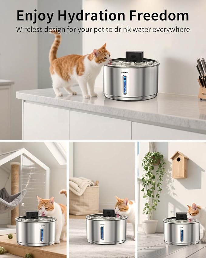 NPET Wireless Cat Water Fountain Stainless Steel, 1Gallon/135oz Battery Operated Automatic Pet Drinking Fountain - Cordless Dog Water Dispenser with Water Level Window for Cats Indoor