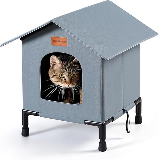 Insulated Cat Shelter Weatherproof Outdoor Cat House with Self-Warming Insulation Raised Bottom and Waterproof Roof for All-Season Protection (Grey, Medium)