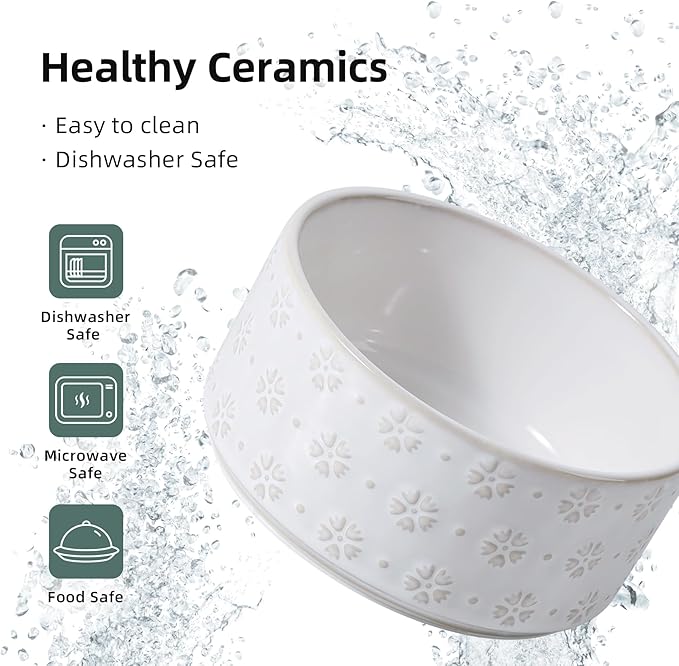Ceramic 6.1inch Raised Dog and Cat Bowl Set, 2 Heights Elevated with Acacia Wood Stand, Food and Water Bowl for Small Breed Dogs, Weighted Dog Dishes(27oz, Arctic White)