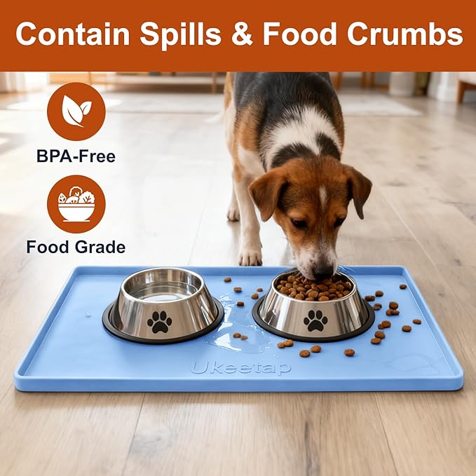 19” x 12” Extra Thick Waterproof Silicone Mat with Raised Edge, BPA Free Non-Slip Dog & Cat Food Mat, Feeding Mat for Food and Water Bowls, Spill Proof Mat to Protect Floors, Blue