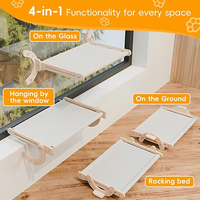 4-in-1, Wooden Cat Window Perch,cat Bed, Sturdy Oak Hammock,Suitable for Indoor Cats to Rest and Play. It can be Used as a Hammock, a Resting Area by The Window, a Cats Bed, a cat Rocking Toy