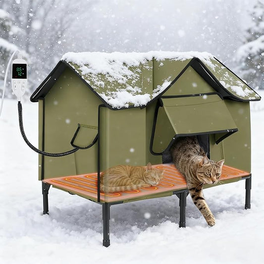 Ownpets X-Large Heated Cat House for Outside, with Timer Temperature Control Heating Pad, Waterproof Insulated Outdoor Elevated Cat Shelter for Multiple Feral Cats in Winter, with Escape Door