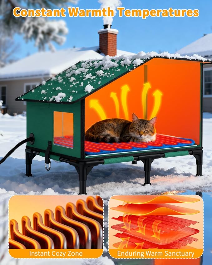 Heated Cat House for Outside, Elevated Cat Shelter with Heating Pad & Escape Door, Extremely Insulated Outdoor Cats Shelter for Feral Cats, Community Pets, Kittens