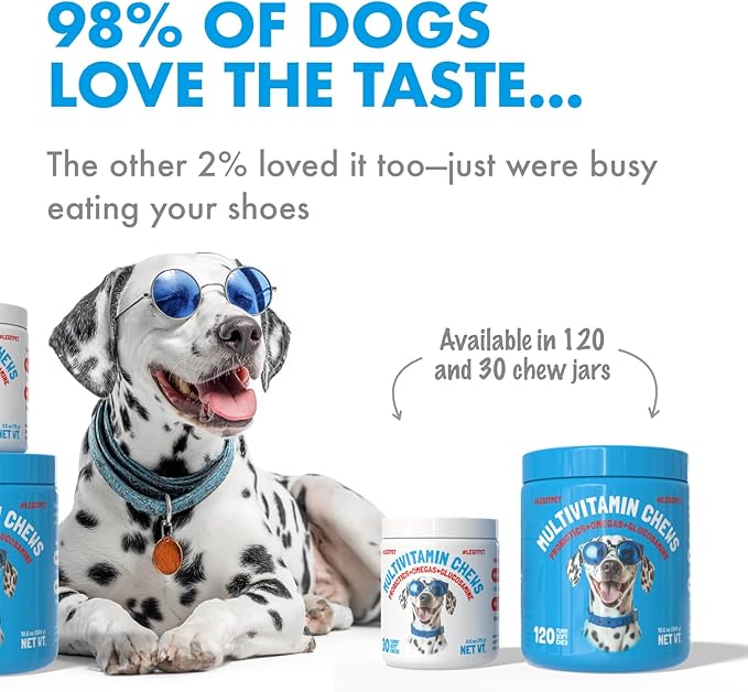 Dog Vitamins - 120 Multivitamins Chews w/Glucosamine Chondroitin, Probiotics Digestive Enzymes and Omegas - Supplement for Overall Health - Joint Support, Immune Health, Skin and Heart Health