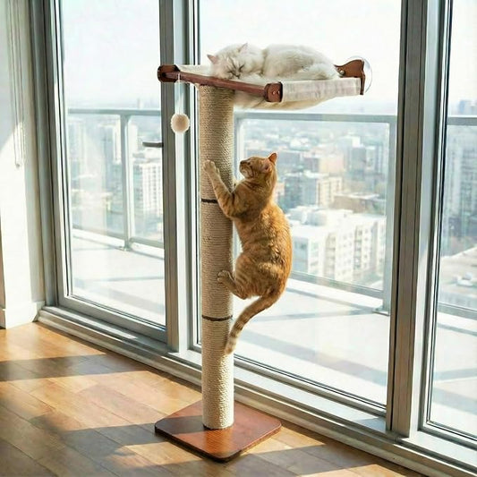 Sintuff Cat Window Perch with Scratching Post Climbing Tree Hammock Mounted with Suction Cups 46 Inch Tall Adjustable Narrow Cat Tree Climbing Pole for Playing Sleeping Watching Birds (Round)