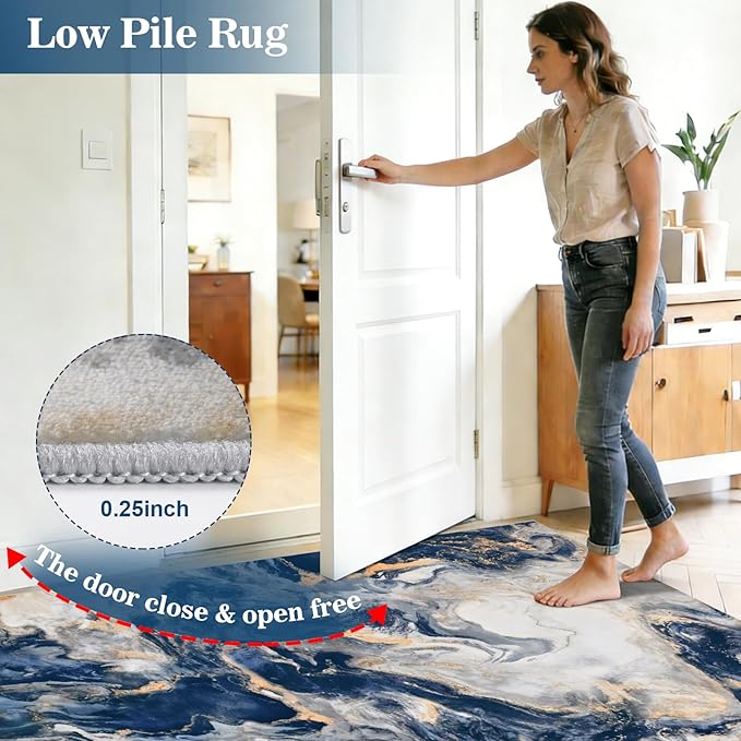 Yinhua 8x10 Rug for Living Room, Marble Rug Blue and Gold, Non Slip Modern Washable Rugs Non Shedding, Contemporary Abstract Area Rugs Low Pile, Soft Large Carpet for Bedroom Kitchen Office