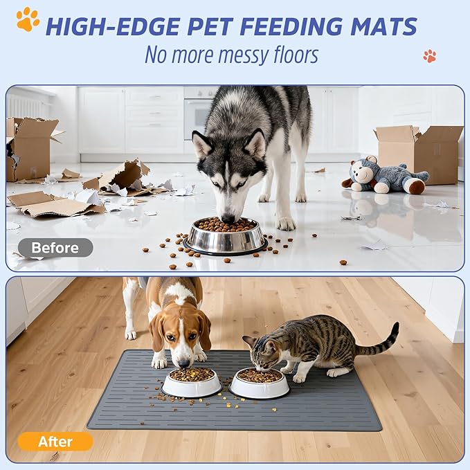 Large Dog Mats for Food and Water, 32"x24" Waterproof Pet Food Mats for Floor Nonslip Silicone Bowl Mats with Raised Edges
