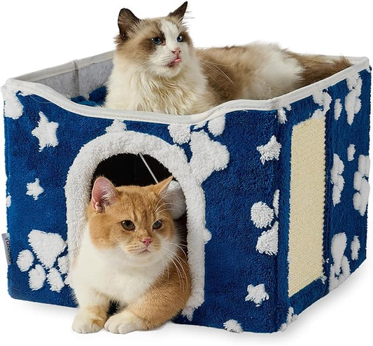 Cat Houses for Indoor Cats, Cute Cat Cave with Fluffy Ball Hanging and Scratch Pad, Foldable Kitten Condo Hideaway, 17x17x13 inches, Navy Paw