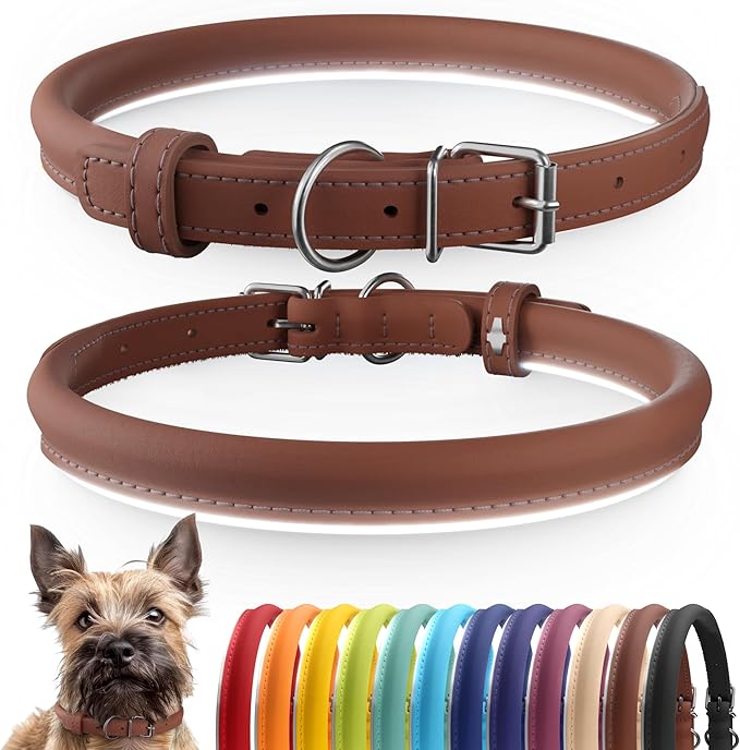 CollarDirect Rolled Leather Dog Collar, Soft Padded Round Puppy Collar, Handmade Genuine Leather Collar Dog Small Large Cat Collars 13 Colors (8-11 Inch, Cinnamon Smooth)