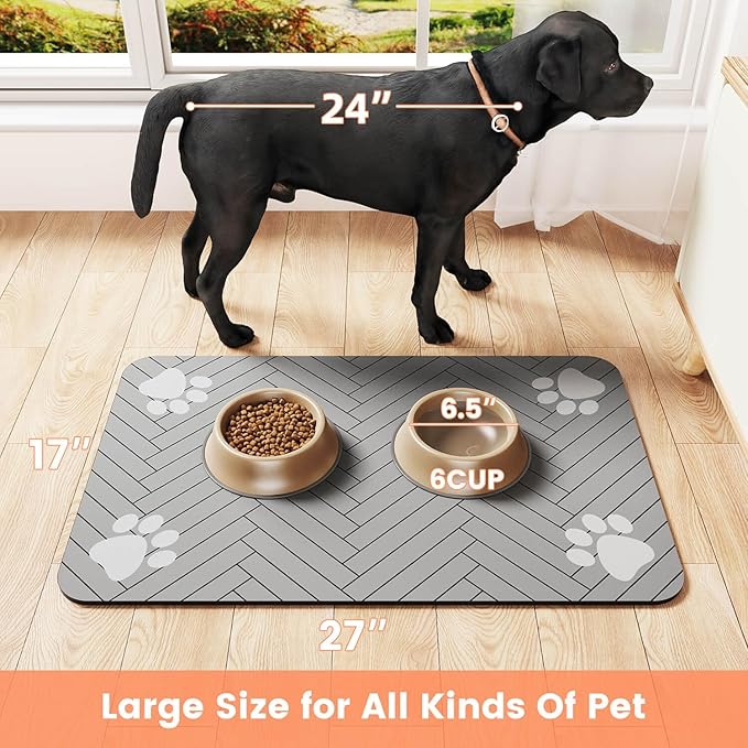 Pet Feeding Mat-Absorbent Pet Placemat for Food and Water Bowl, with Waterproof Rubber Backing, Quick Dry Water Dispenser Mat for Dog and Cat (20"x12", Striped Light Gray)