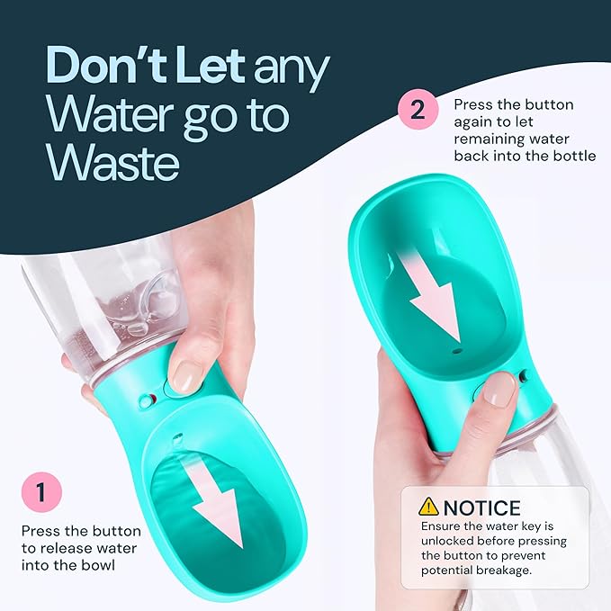 MalsiPree Dog Water Bottle Dispenser - 12 oz Blue - Leak-Proof Lock & One-Hand Operation - Dog Water Bowl Dispenser - Pet Travel Bottle with Built-in Bowl