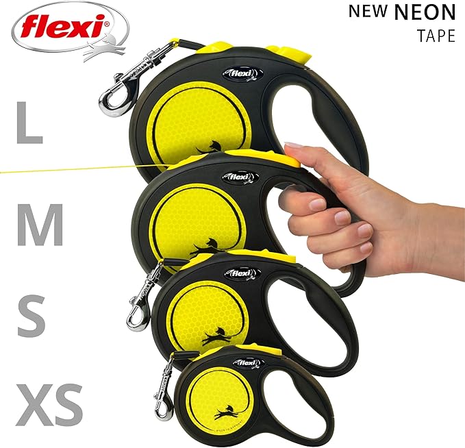 FLEXI New Neon Tape Retractable Dog Leashes for Medium Dogs Upto 55 lbs. – 16 ft., Neon Yellow/Black | Tangle Free Pet Walking Leash with One-Handed Brake, Pause, Lock|German Quality Product