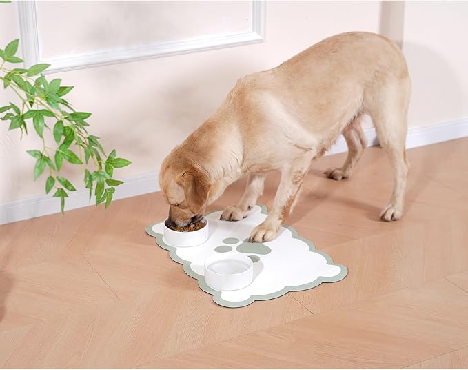 Ralxion Scalloped Dog Feeding Mat, Absorbent Mats for Dog Food and Water Bowl, Dispenser, Cute Elegant Aesthetic Sage Green Scallop Pet Placemat for Dogs, Cats, Puppy Accessories, 17" X 24”