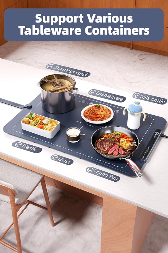 Food Warming Mat - Electric Warming Tray,Tempmaster Adjustable Warming Tray,Elevated Feet Protects Table, Roll-Up Buffet Hot Plates Heat Pad, Portable Food Warmer for Parties and Travel (Navy Blue)