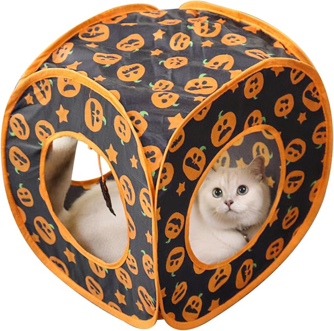 Andiker Cat Tent, 3 Holes Safe and Strong Cute Cats Tunnel Collapsible Easy to Carry Cat House for Indoor Cats Kittens Hiding Playing Training Sleeping (Square Yellow)