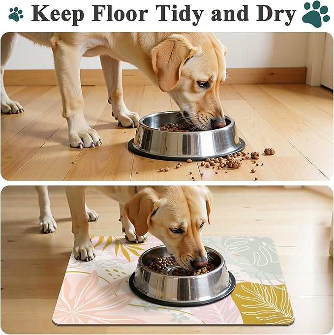 Topotdor Boho Dog Food Mat for Floors, Absorbent Quick-Dry Cat Pet Feeding Mat, Non-Slip Dog Bowl Mat for Food and Water, Pet Placemat for Dogs, Cats, Puppy Accessories, 12"x20", Pink
