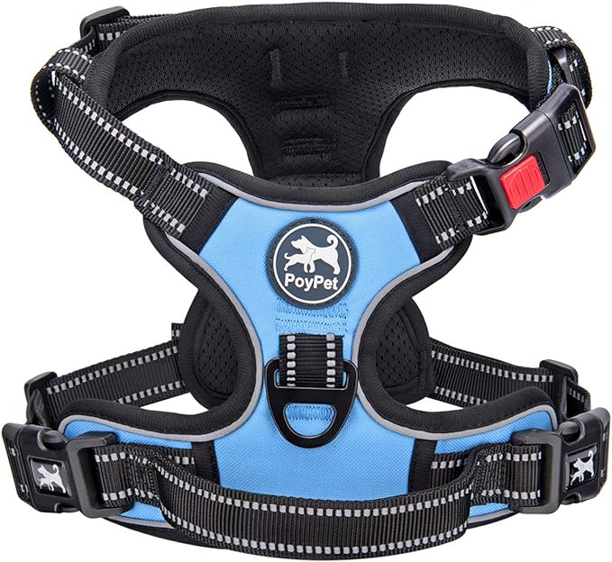 PoyPet No Pull Dog Harness, No Choke Front Clip Dog Reflective Harness, Adjustable Soft Padded Pet Vest with Easy Control Handle for Small to Large Dogs(Light Blue,L)