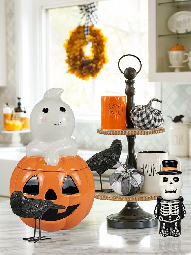 Hanna's Handiworks Halloween Give Thanks Ghost and Pumpkin Jack O’Lantern Cookie Jar - Fun Ceramic Holiday Decor and Kitchen Storage Decoration for Fall Festivities at Home, Office, and School