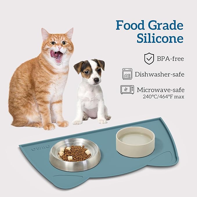 OHMO - Cat Food Mat, Silicone Pet Feeding Mat for Floor Non-Skid Waterproof Dog Water Bowl Tray, Easy to Clean Pet Placemat (Light Blue, 18 * 9.8'')