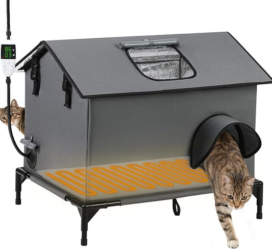 Heated Cat House for Outside, Escape Door & Elevated Base, Insulated Indoor Outdoor Large Cat House with Heating Pad, Adjustable Temps & Timers, Weatherproof Shelter for Feral Stray Barn Cats