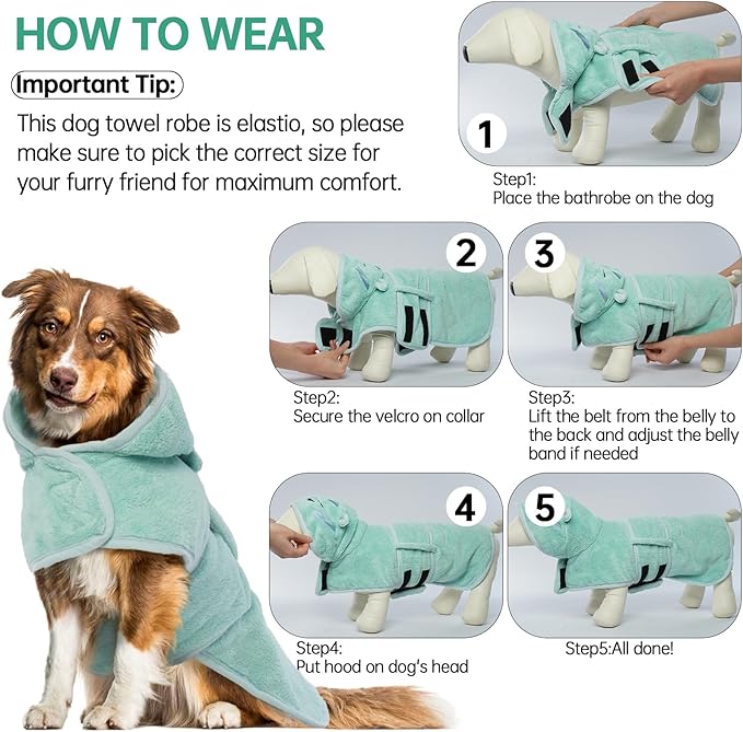 Dog Drying Coat, Microfibre Fast Absorbent Bath Towel With Magic Sticker & Belly Strap - Bathrobe for Puppy, Small, Medium, Large Dogs and Cats