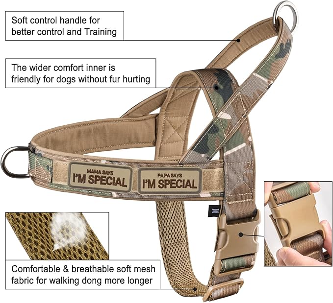 No Pull Dog Harness for Small Medium Large Sized Dogs, Escape Proof Adjustable Dog Harnesses with 2 Patch, Green Camo, XL