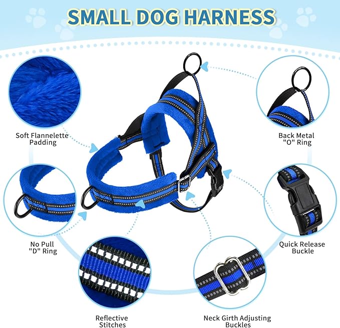 Lukovee No Pull Dog Harness and Leash Set, Soft Padded Small Dog Harness, Neck & Chest Adjustable Reflective Vest Puppy Harness with 4ft Lightweight Anti-Twist Dog Leash for Small Dogs (Blue, Large)