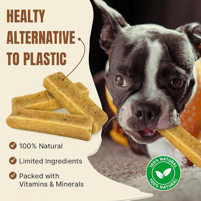 Tibetan Yak Cheese Dog Chew Sticks (4 Medium Chews) Flaxseed Flavored - Natural, Handmade, Long-Lasting, Easy to Digest, Ideal for Medium Dogs and Aggressive Chewers, Rawhide, Grain and Gluten Free