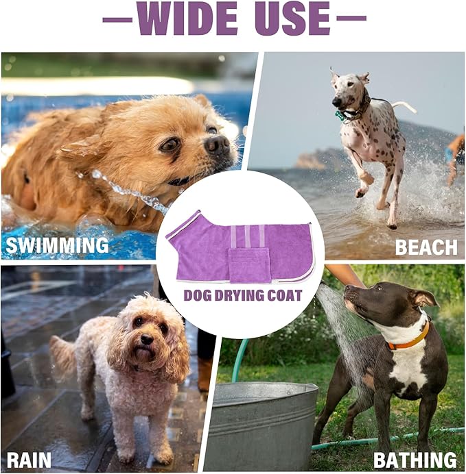 Dog Robe - Fast Drying Towel - Microfiber Super Absorbent Pet Bathrobe, Adjustable Collar & Belly Strap (Purple, Small)
