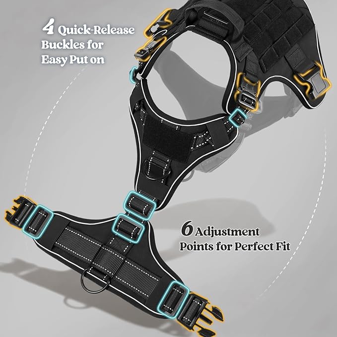 rabbitgoo Tactical Dog Harness Small Medium Sized, No Pull Upgraded Reflective Heavy Duty Molle Vest with Handle, Adjustable Military Service Dog Vest for Walking Hiking Training, Black, S