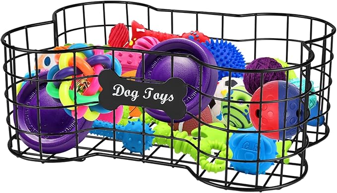 Geyecete Dog Toy Basket, Bone Shaped, Black, Metal, Organizer, Storage, Pet Accessories