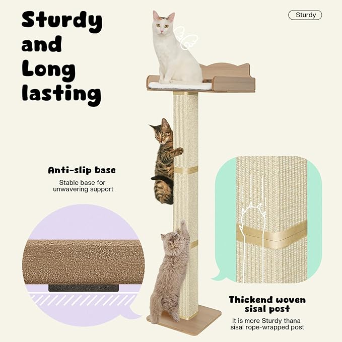 Cat Window Perch with Thick Sisal Scratching Post, Cat Hammock for Window, 53.5" Adjustable Tall Cats Scratching Post with 2 Upgrade Suction Cups, Cats Window Bed with Fluffy Cushion, Sisal