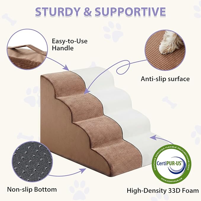 Dog Stairs for Bed, 4-Steps Dog Ramp for Bed, Pet Stair with Highly Supportive Foam and Non-Slip Bottom, Pet Stairs for Large Dogs and Medium Dogs (High 19.7 Inch)
