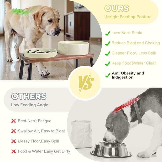 SPUNKYJUNKY Ceramic Elevated Dog Bowls with Slow Feeder Raised Acacia Bamboo Wooden Stand, 8.3'' Dog Food Water Bowls Set Non-Slip for Medium Large Sized Breed Microwave Dishwasher Safe - Beige