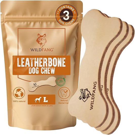 Wildfang® Leather Dog Toy, Large – Soft Dog Chew Toys for Gentle Chewers, Puppies, Senior or Older Dogs with Sensitive Teeth – Non-Toxic, Stuffless, 5mm Leather Bone for Dogs Over 33 lbs, Pack of 3