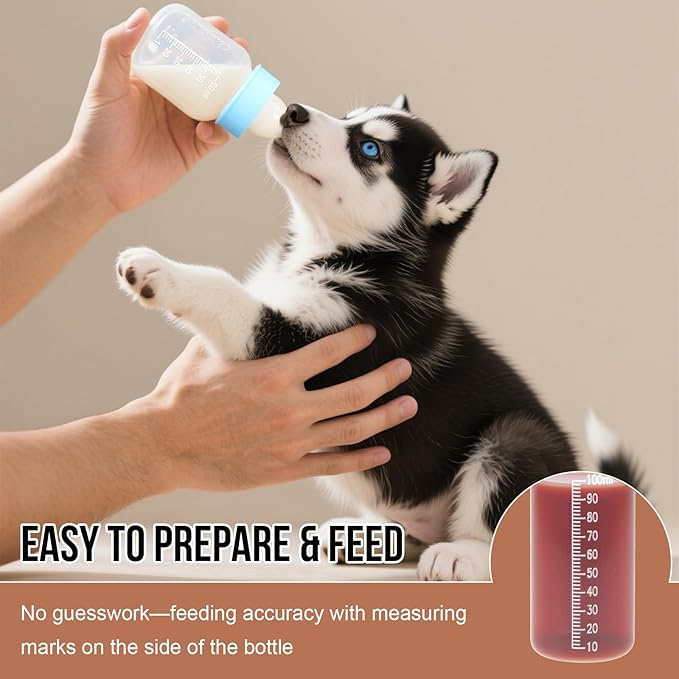 Puppy Kitten Nursing Bottle 2oz- Small Animal Feeding Kit with Nipples | Hand Feeding Supplies for Puppies, Kittens, Rabbits, Ferrets & Newborn Pets