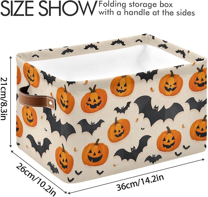 Wamika Happy Halloween Storage Basket with Waterproof Liner and PU Handles Spooky Pumpkin Black Bat Storage Bins Boxes 14.2" Collapsible Decorative Organizer Baskets for Bedroom Closet Office 1 Pack
