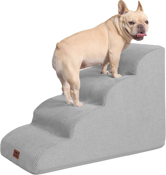 EHEYCIGA Curved Dog Stairs Ramp for High Beds 19.7" H, 4-Step Dog Steps for Small Dogs and Cats, Pet Stairs for High Bed Climbing, Non-Slip Balanced Pet Step Indoor, Light Grey