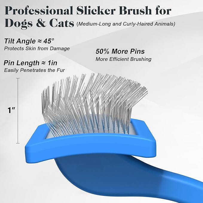 2PCS Slicker Brush for Dogs & Pet Comb,Professional Dog Grooming Brush (Goldendoodles,Poodles,Labradoodles) with Extra Long Pins to Effectively Remove Tangles, Knots and Mats (Blue, Medium)