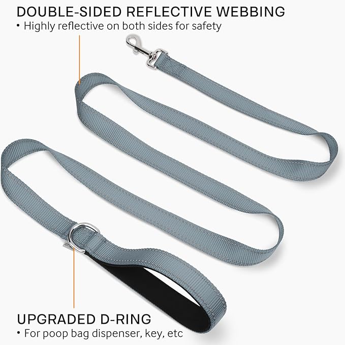 Joytale Dog Leash Heavy Duty for Small Medium Dogs, 6 FT Reflective Nylon Pet Walking Lead with Soft Padded Handle, Durable & Tangle Free for Training, Running & Safety Control, Gray