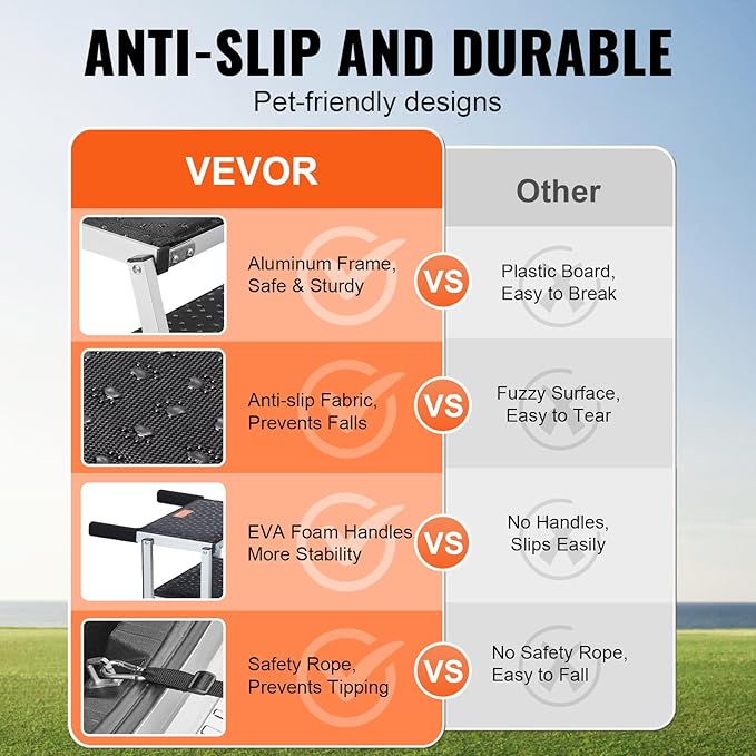 VEVOR Dog Stair for Cars, Wide 4-Step Dog Car Steps, Folding Dog Car Ramp with Nonslip Surface, Portable Pet Steps Lightweight Aluminum for Car, SUV and Truck, Supports up to 250 lbs
