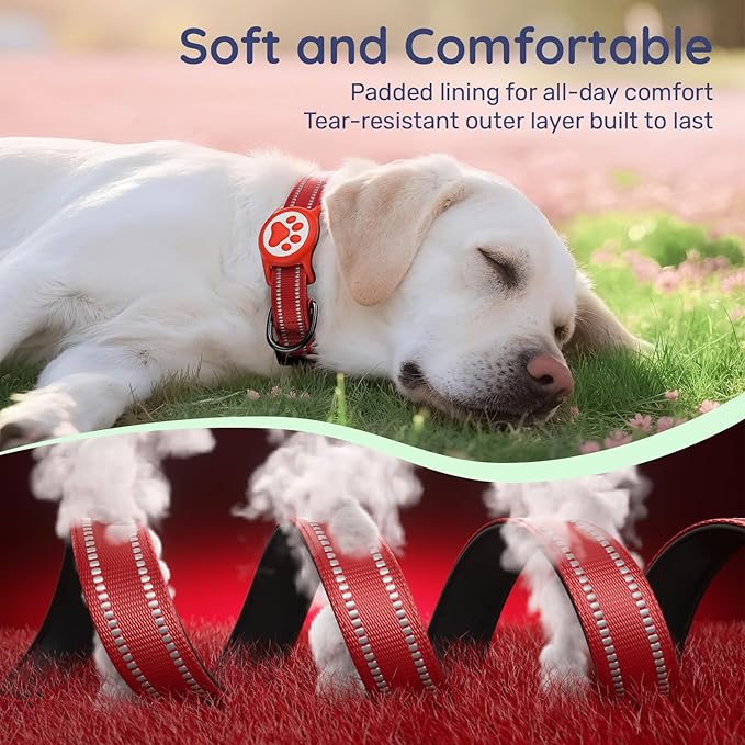 Airtag Dog Collar, Reflective Ultra-Durable Nylon Padded with QR Code Buckle & IP68 Waterproof Air Tag Holder Compatible for Apple AirTag, Comfortable for Small Medium Large Dogs(Red,L)