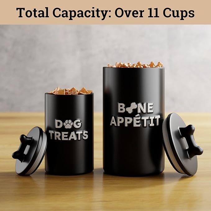 Dog Treat Container Airtight Set of 2 - 10x5 in & 7x4 in Ceramic Dog Treat Jars for Kitchen Counter with Airtight Lids - 11 Cup Capacity Pet Treat Container Set - Doggie Cookie Jar - Treats Canister
