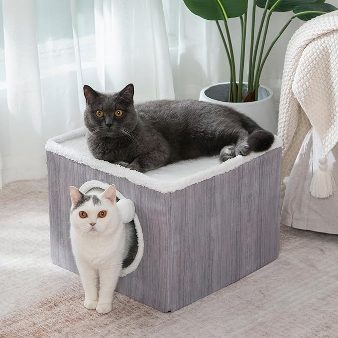 LUCKITTY Cat Condo House with Reversible Cushions and Fluffy Ball Hanging, Foldable Cube, Large Cave Bed for Indoor Cats Kittens, Grey Wood Grain Pattern