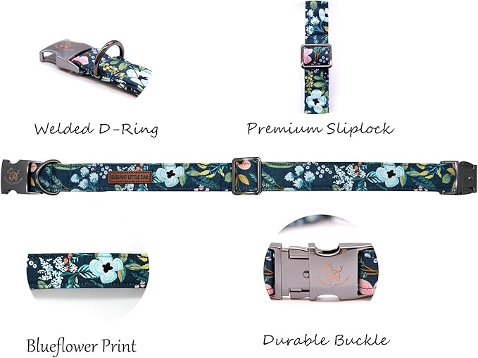 Elegant little tail Dog Collar, Floral Pet Collar Durable Darkblue Flower Dog Collars Male or Female Holiday Pet Gift Adjustable Dog Collar for Medium Dogs