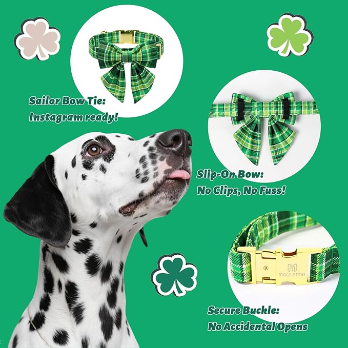 Maca Bates St. Patrick's Day Irish Plaid Dog Collar with Sailor Bow Tie,Shamrock Green Gingham Pattern for Small Girl Boy Dogs,Adjustable Durable Soft Collars Gift for Male Female Puppy